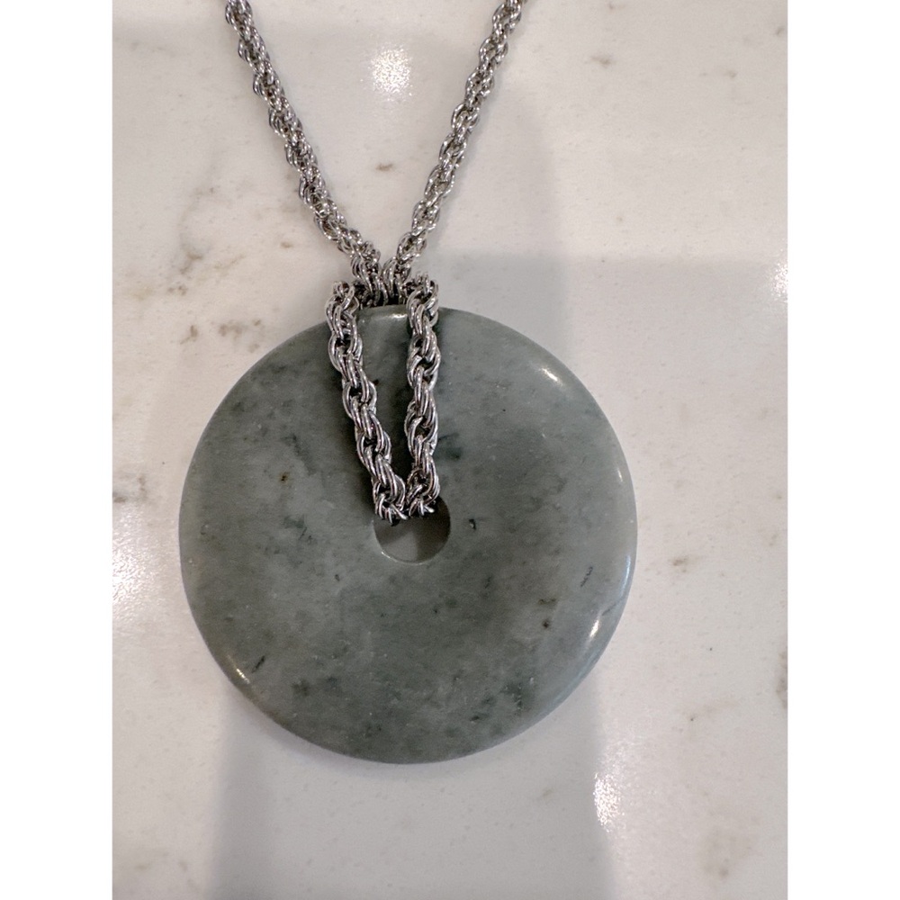 Silver Necklace with Round Gray Stone Pendant